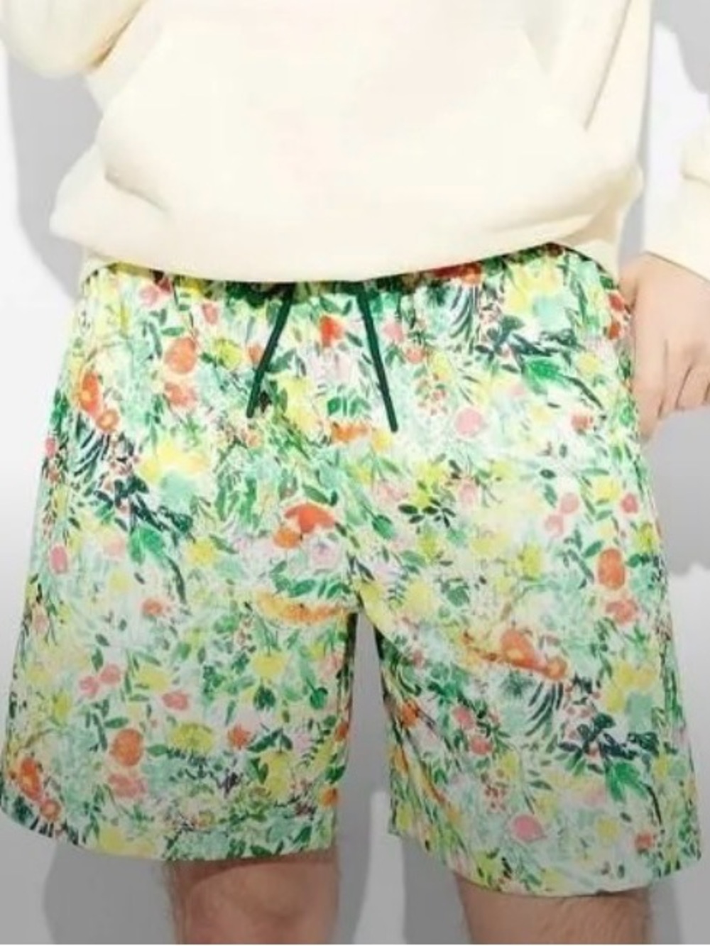 Floral Mesh Drawstring Beach Shorts in Green & Yellow